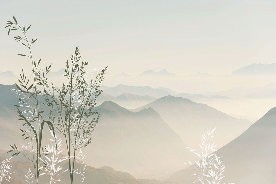 Uma paisagem com montanhas e árvores