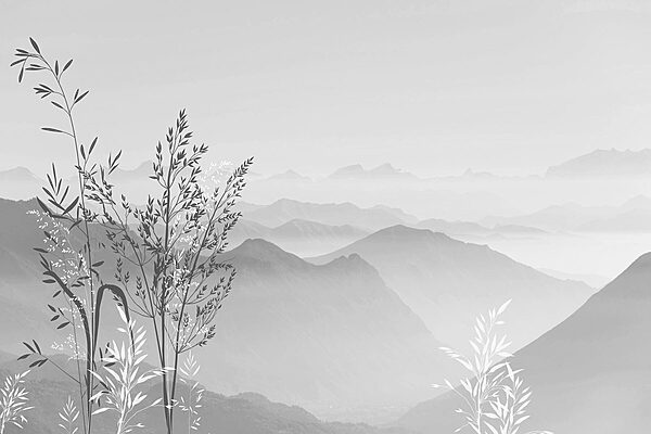 Uma paisagem com montanhas e plantas Uma paisagem com montanhas e plantas
