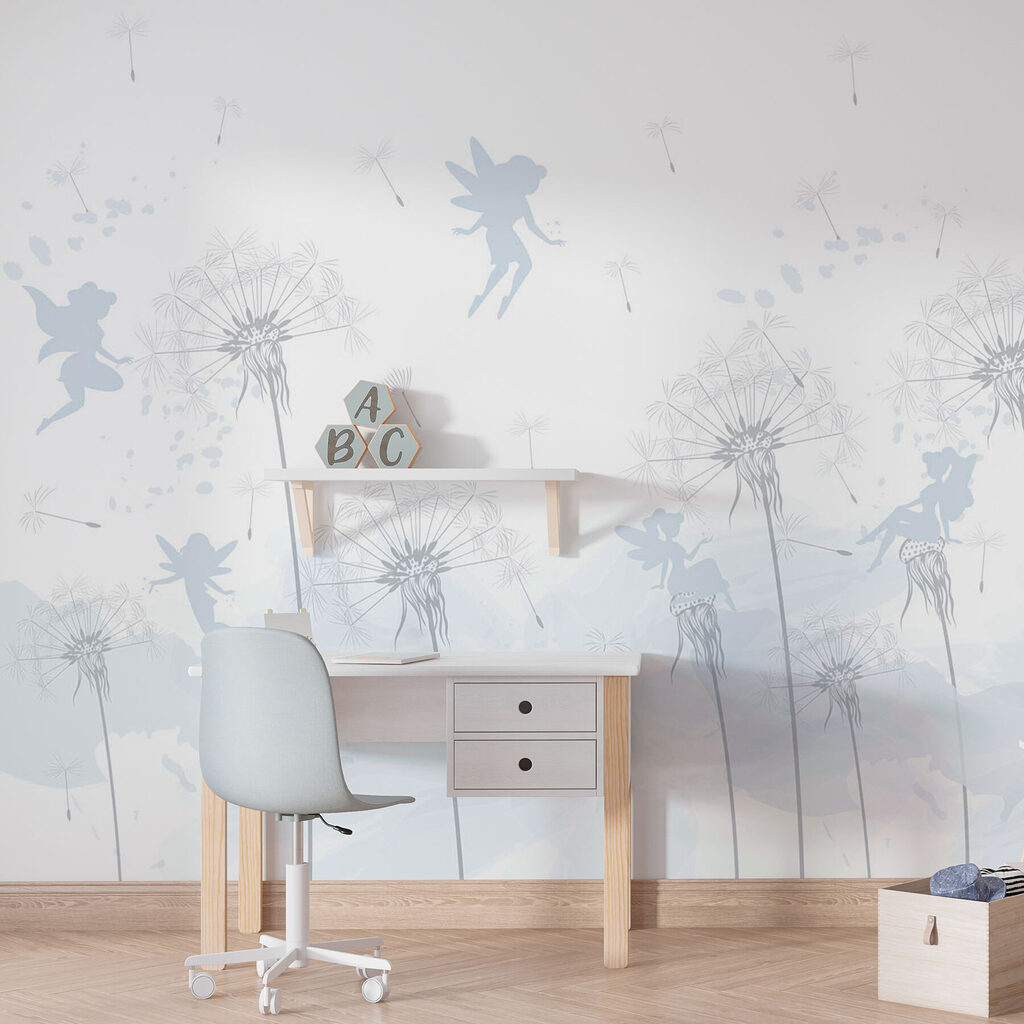 A dandelion with fairies flying in the air