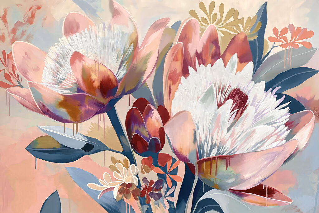 Uma pintura de flores numa superfície Uma pintura de flores numa superfície