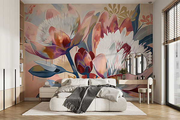 Uma pintura de flores numa superfície Uma pintura de flores numa superfície