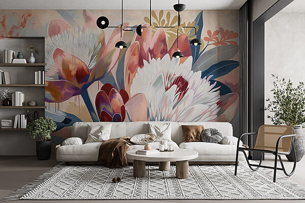 Uma pintura de flores numa superfície Uma pintura de flores numa superfície