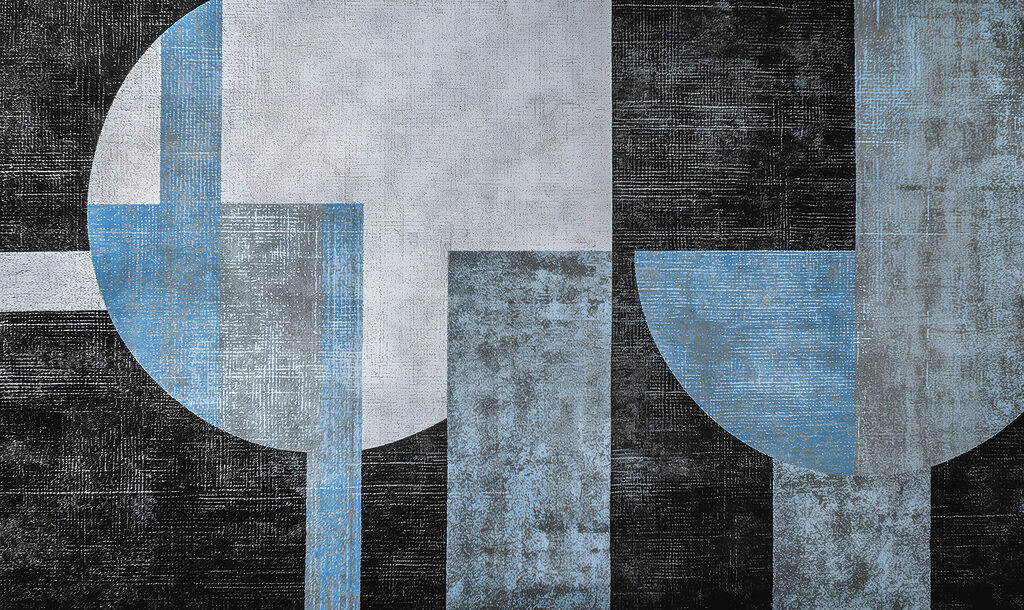 Uma obra de arte a preto e azul e branco Uma obra de arte a preto e azul e branco