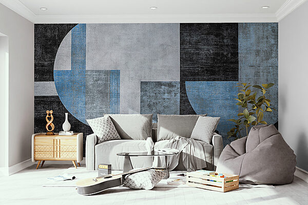 Uma obra de arte a preto e azul e branco Uma obra de arte a preto e azul e branco