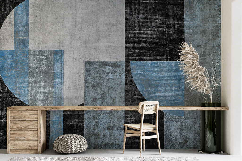 A black and blue and white art piece