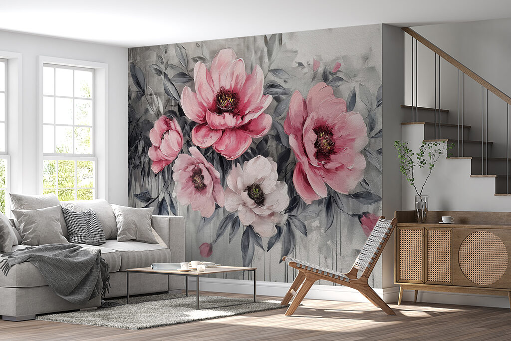 A painting of pink flowers
