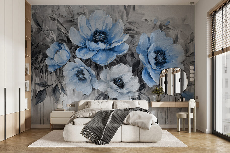 Uma pintura de flores azuis