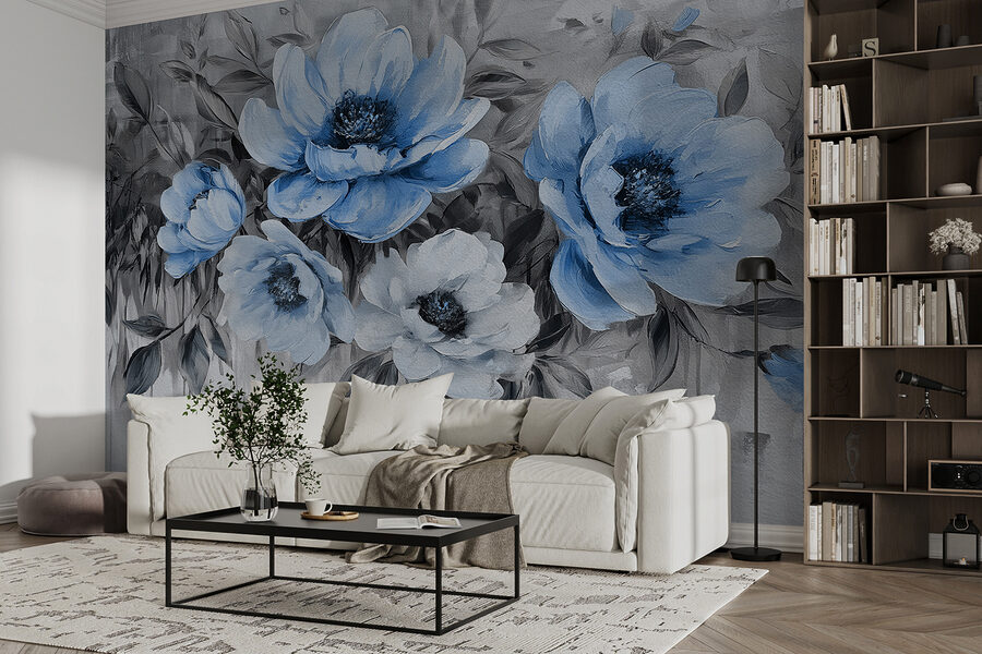 Uma pintura de flores azuis
