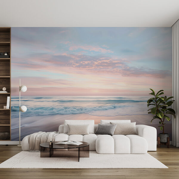 Uma praia com ondas e um céu cor-de-rosa Uma praia com ondas e um céu cor-de-rosa