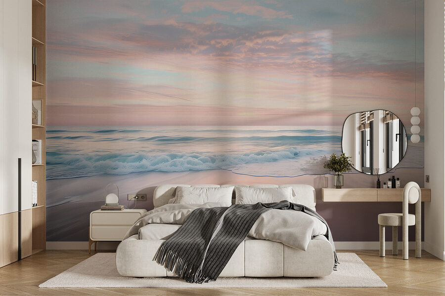 Uma praia com ondas e um céu cor-de-rosa