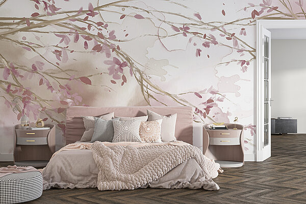 Aguarela de um ramo de árvore com flores cor-de-rosa Aguarela de um ramo de árvore com flores cor-de-rosa