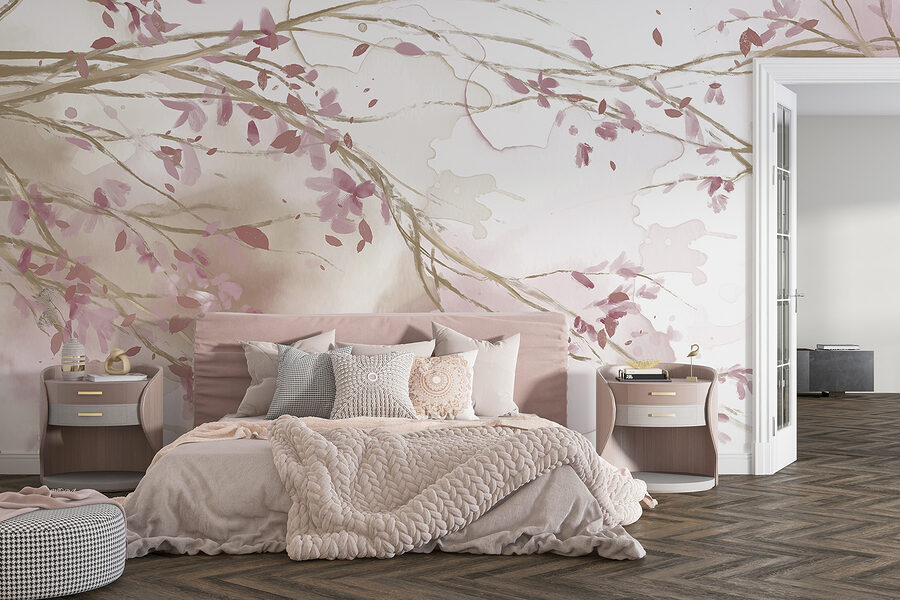 Aguarela de um ramo de árvore com flores cor-de-rosa