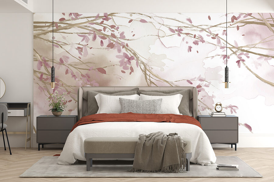 Aguarela de um ramo de árvore com flores cor-de-rosa