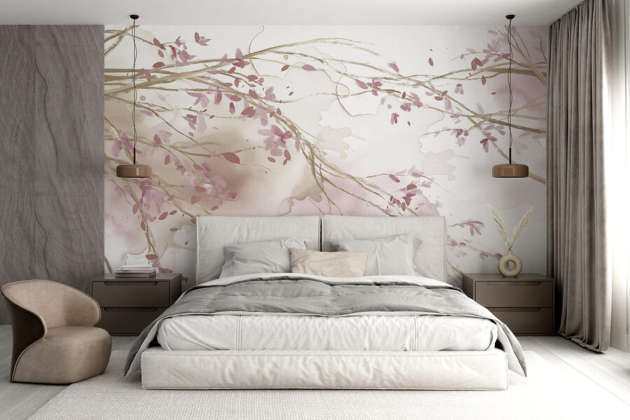 Aguarela de um ramo de árvore com flores cor-de-rosa