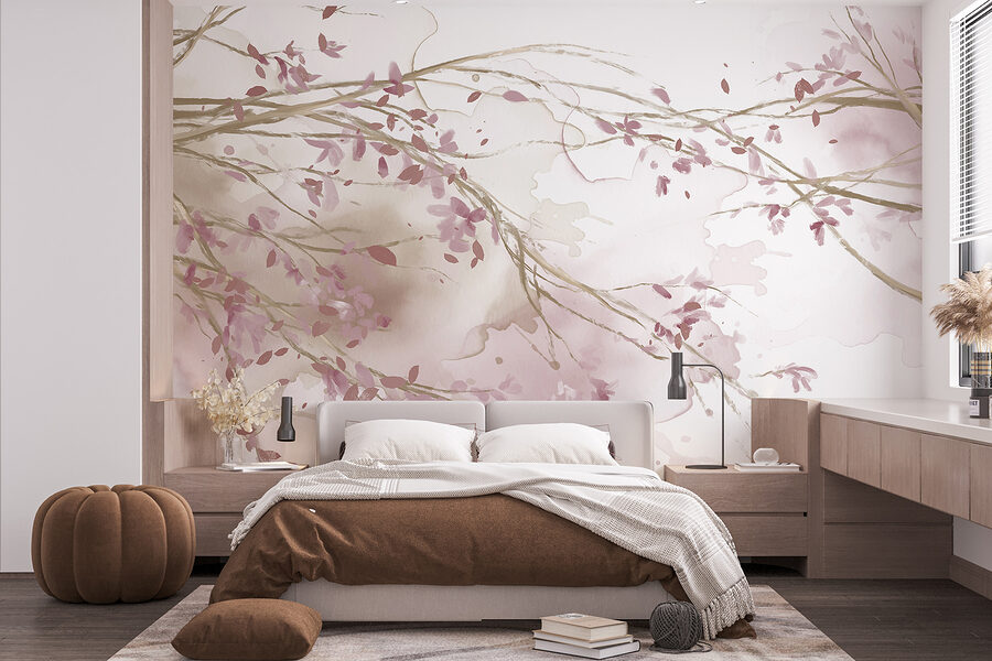 Aguarela de um ramo de árvore com flores cor-de-rosa