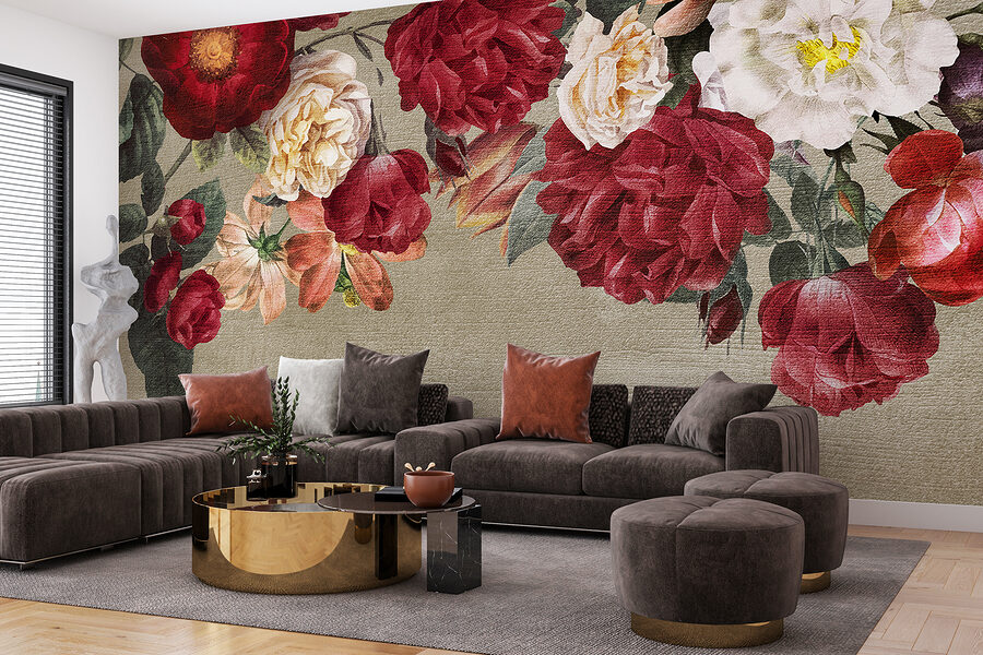 Grupo de flores sobre um fundo cinzento