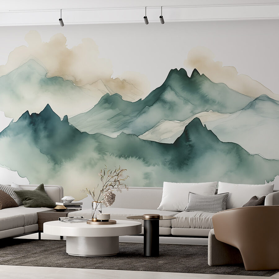Pintura de montanhas e nevoeiro