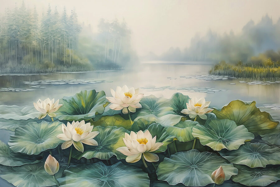 Pintura de um lago com flores brancas e folhas verdes