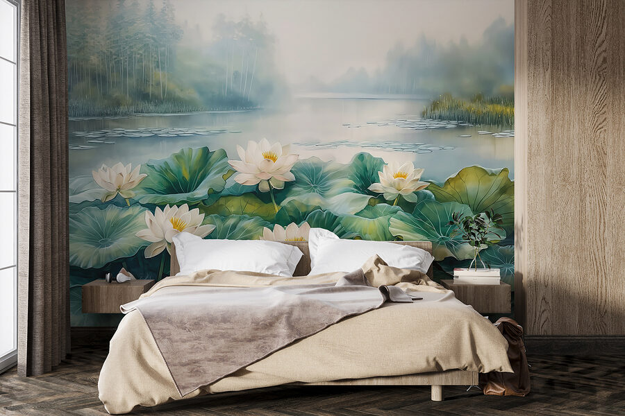 Pintura de um lago com flores brancas e folhas verdes