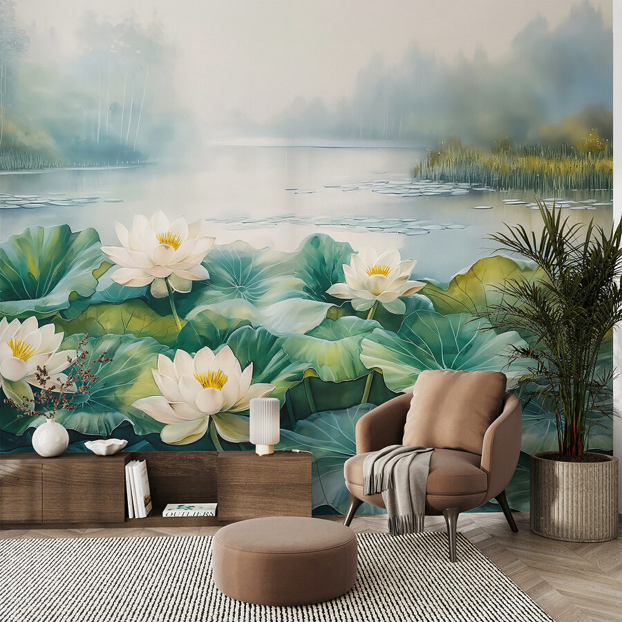 Pintura de um lago com flores brancas e folhas verdes