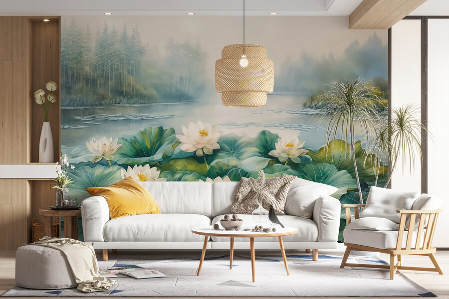 Pintura de um lago com flores brancas e folhas verdes