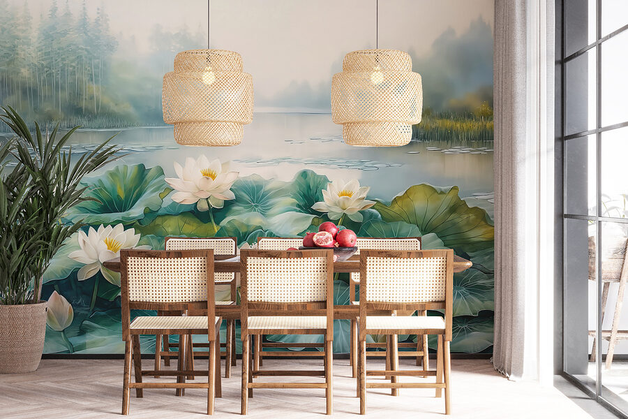 Pintura de um lago com flores brancas e folhas verdes
