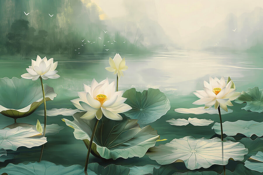 Pintura de flores brancas e folhas num lago
