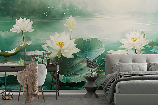 Pintura de flores brancas e folhas num lago Pintura de flores brancas e folhas num lago