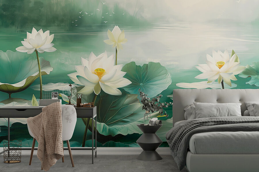 Pintura de flores brancas e folhas num lago