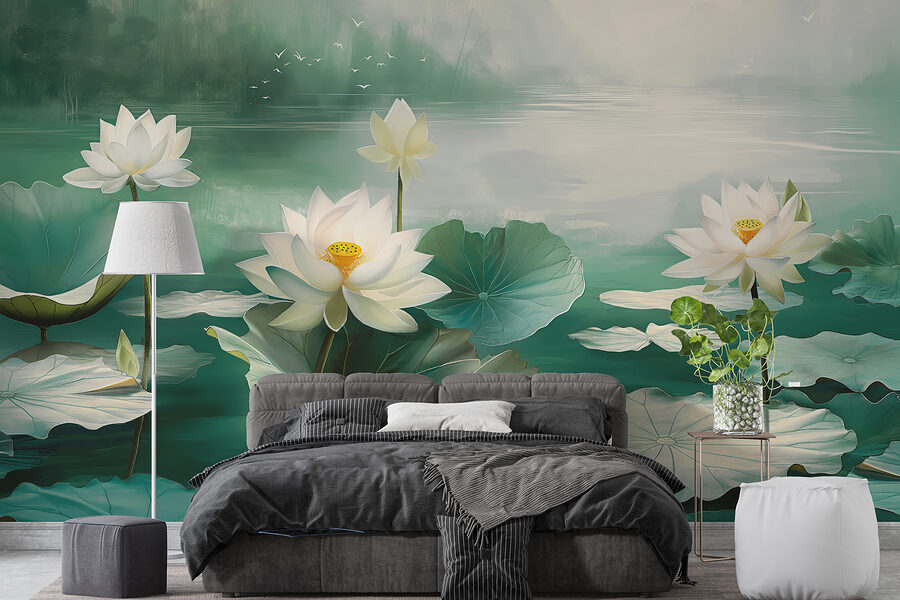 Pintura de flores brancas e folhas num lago
