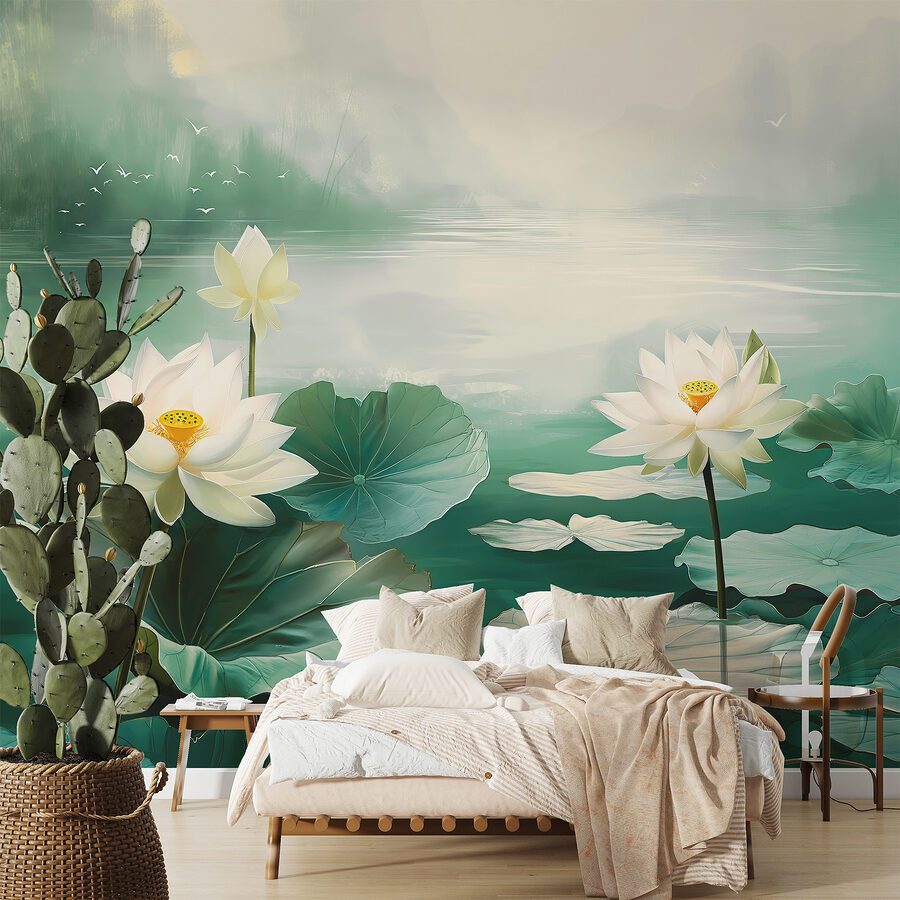 Pintura de flores brancas e folhas num lago