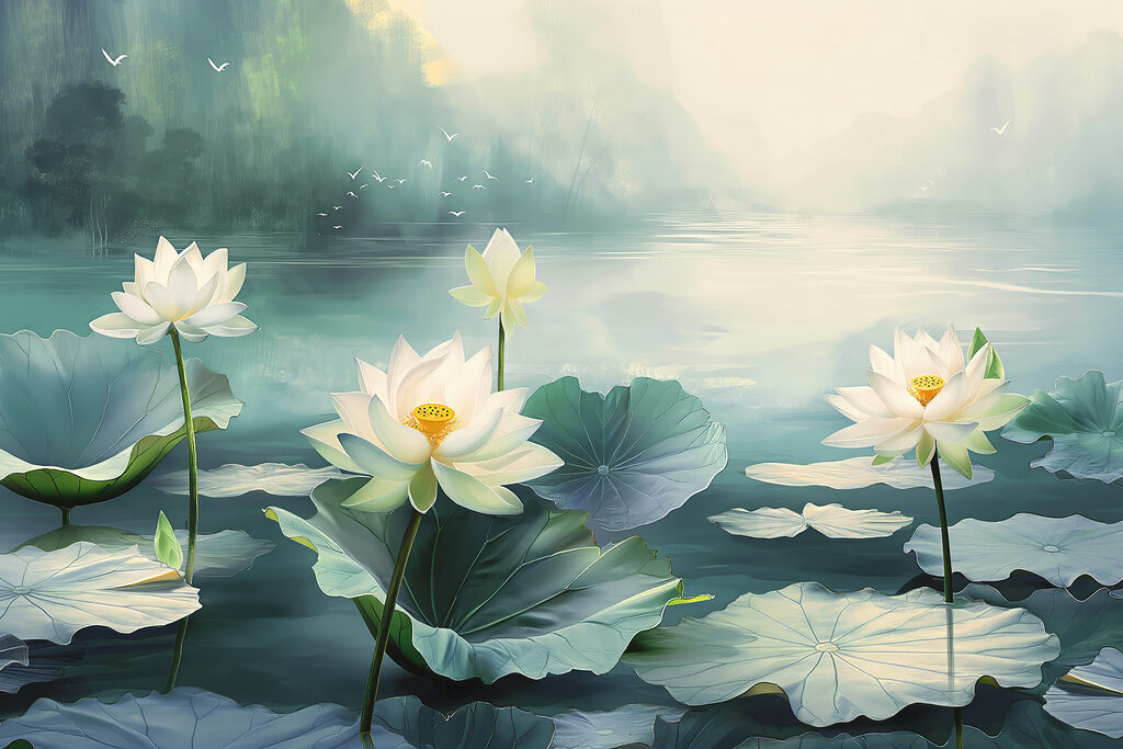 Pintura de flores e folhas brancas sobre a água Pintura de flores e folhas brancas sobre a água