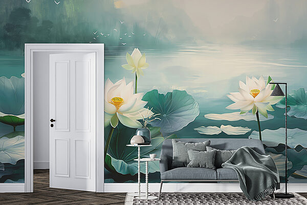 Pintura de flores e folhas brancas sobre a água Pintura de flores e folhas brancas sobre a água