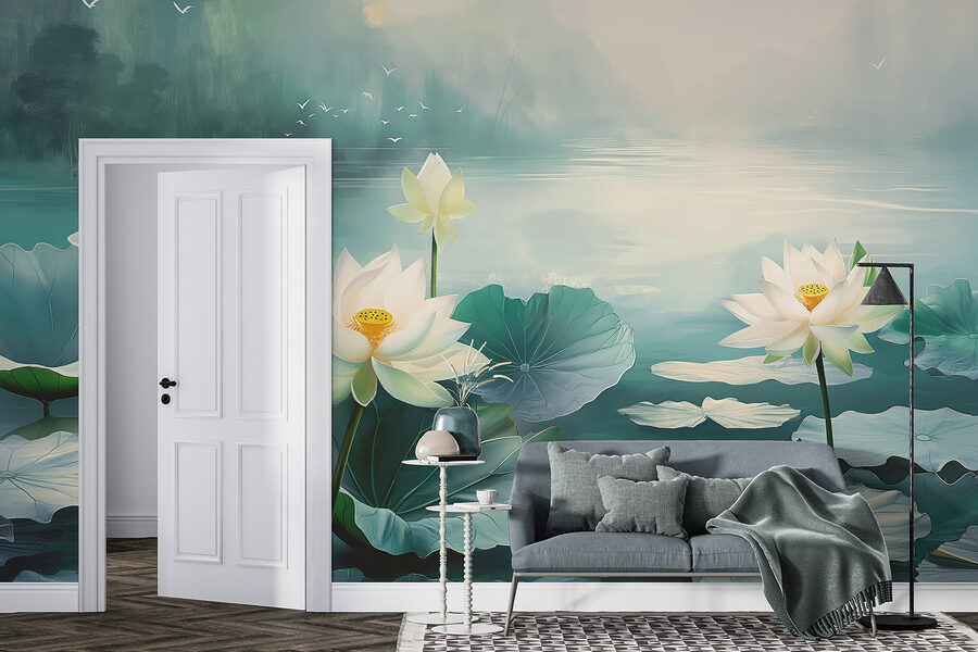 Pintura de flores e folhas brancas sobre a água