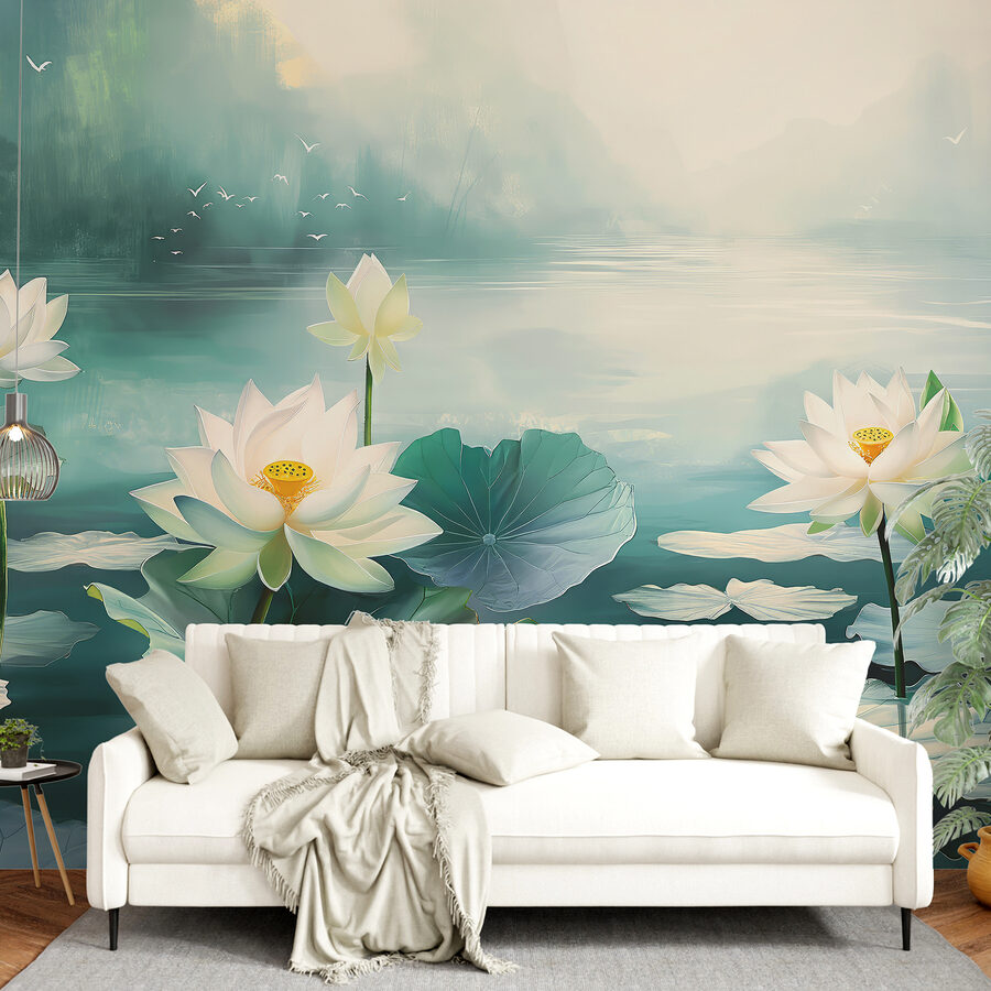 Pintura de flores e folhas brancas sobre a água