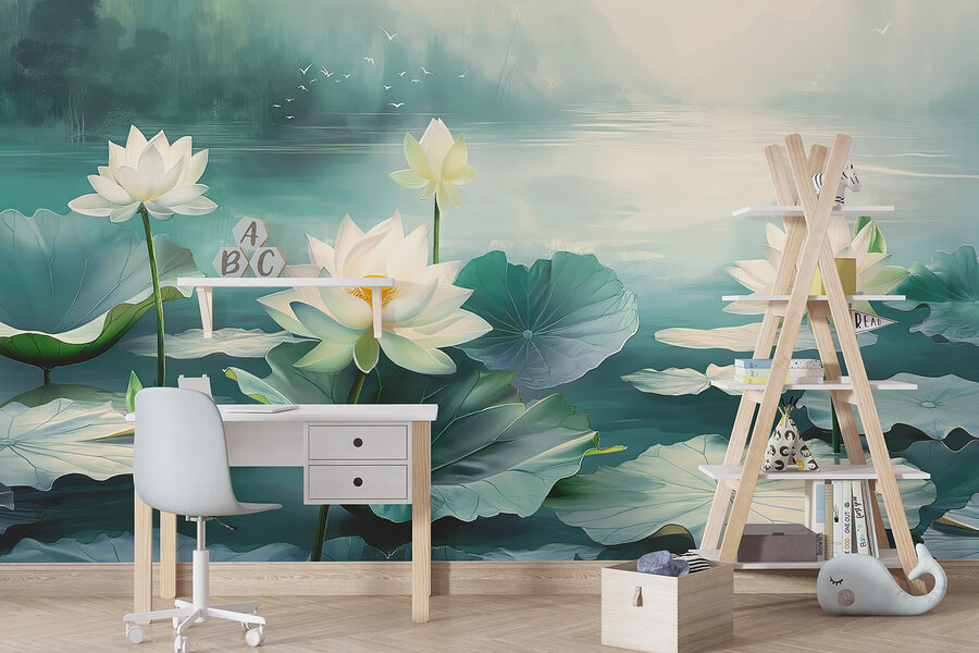 Pintura de flores e folhas brancas sobre a água