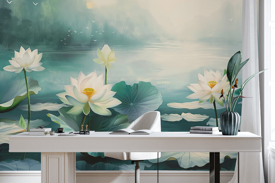 Pintura de flores e folhas brancas sobre a água