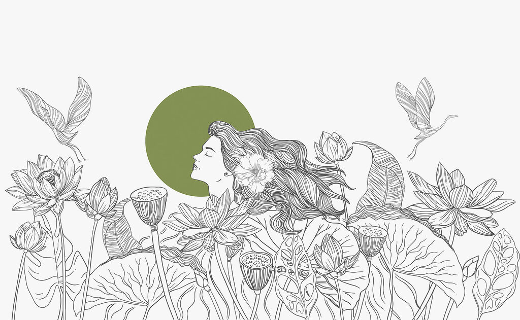 Desenho de uma mulher com cabelo comprido e flores Desenho de uma mulher com cabelo comprido e flores