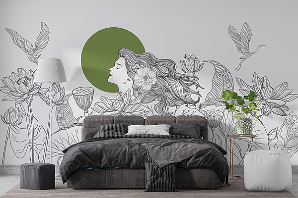 Desenho de uma mulher com cabelo comprido e flores Desenho de uma mulher com cabelo comprido e flores