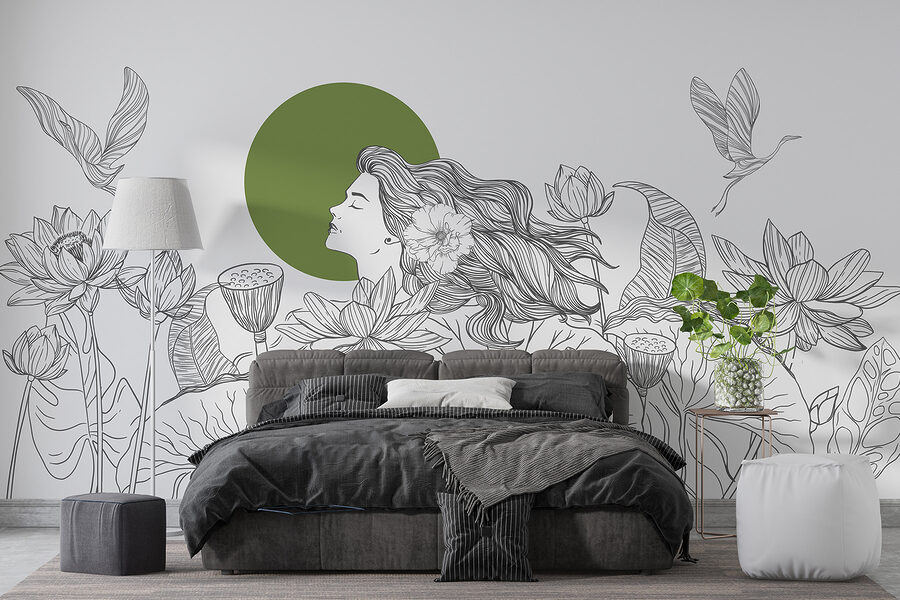 Desenho de uma mulher com cabelo comprido e flores