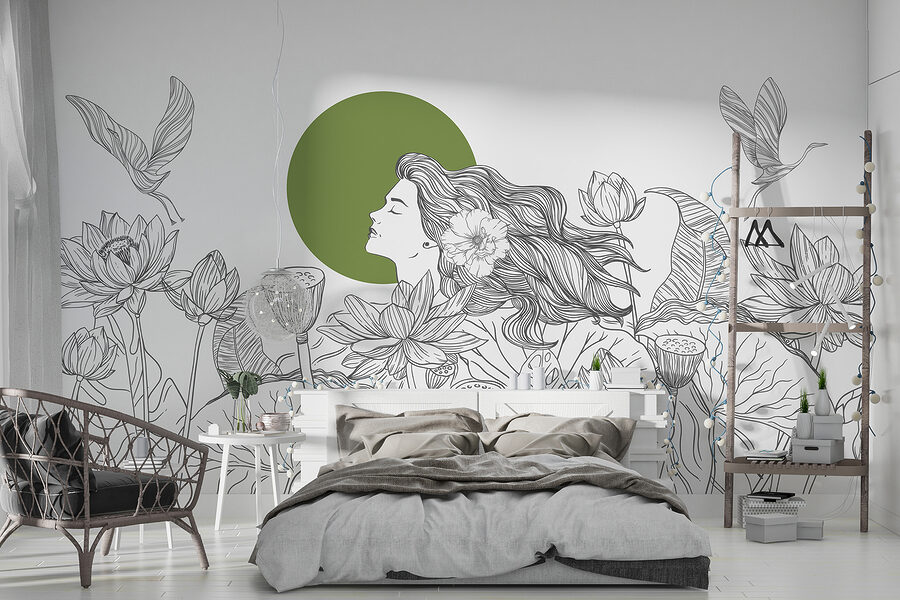 Desenho de uma mulher com cabelo comprido e flores