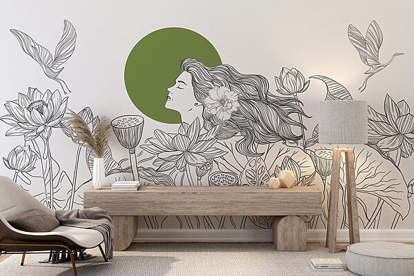 Desenho de uma mulher com cabelo comprido e flores Desenho de uma mulher com cabelo comprido e flores
