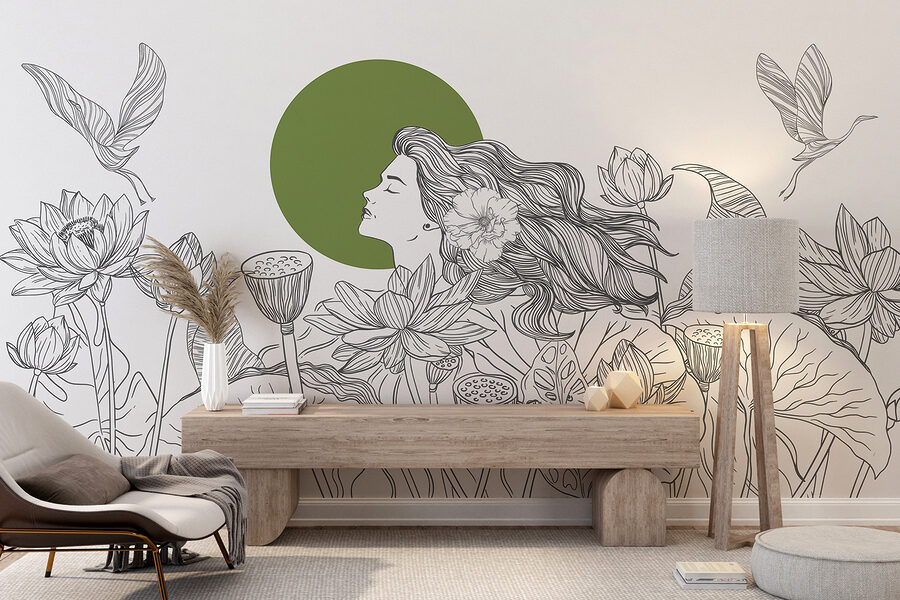 Desenho de uma mulher com cabelo comprido e flores