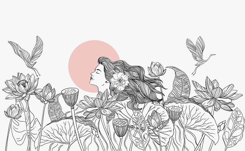 Desenho de uma mulher com cabelo comprido e flores Desenho de uma mulher com cabelo comprido e flores