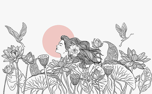 Desenho de uma mulher com cabelo comprido e flores Desenho de uma mulher com cabelo comprido e flores