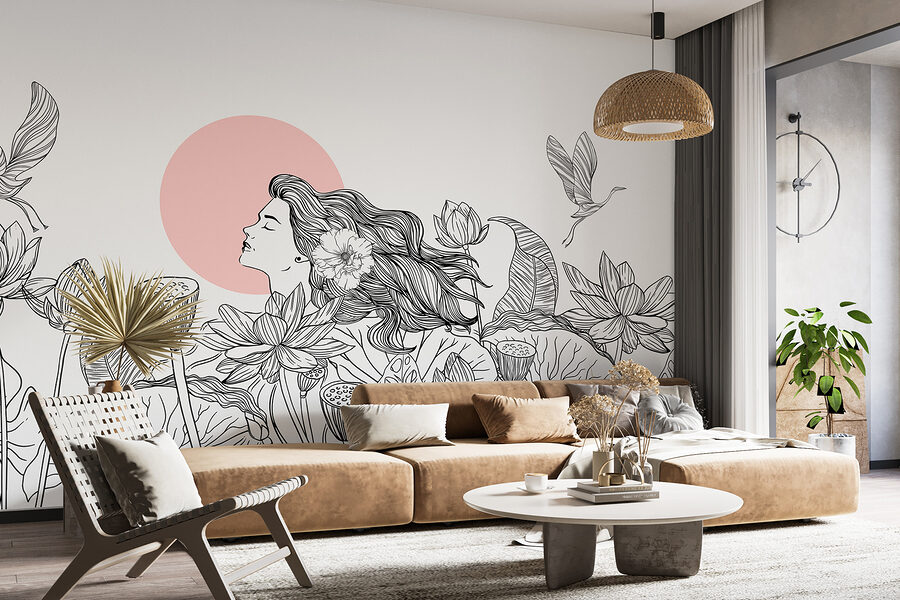 Desenho de uma mulher com cabelo comprido e flores
