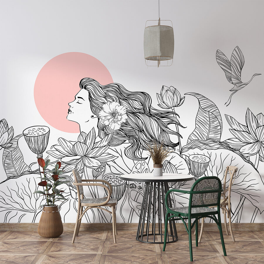 Desenho de uma mulher com cabelo comprido e flores