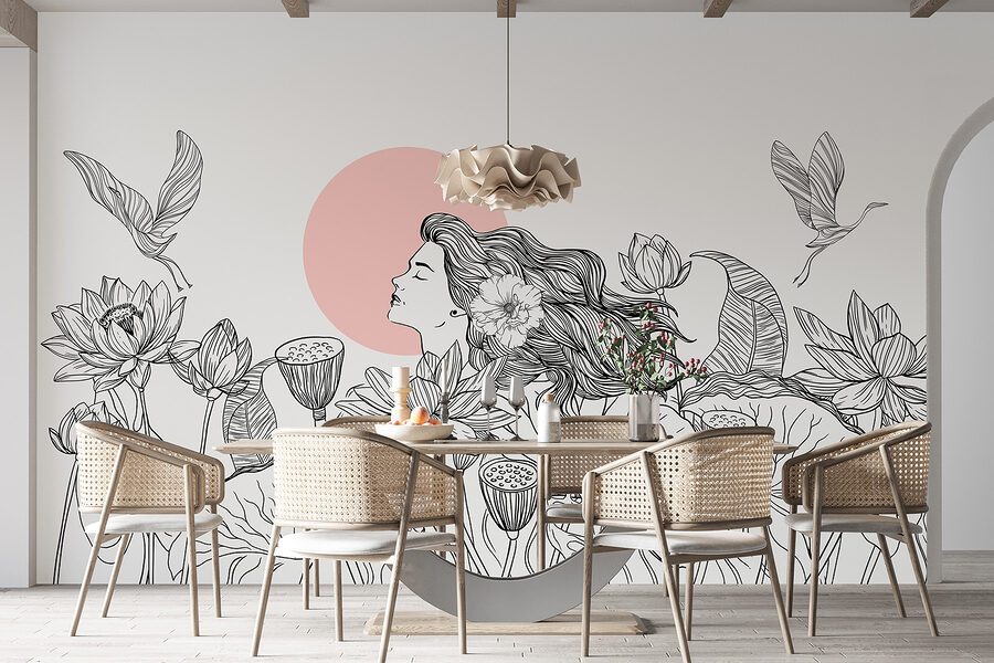 Desenho de uma mulher com cabelo comprido e flores