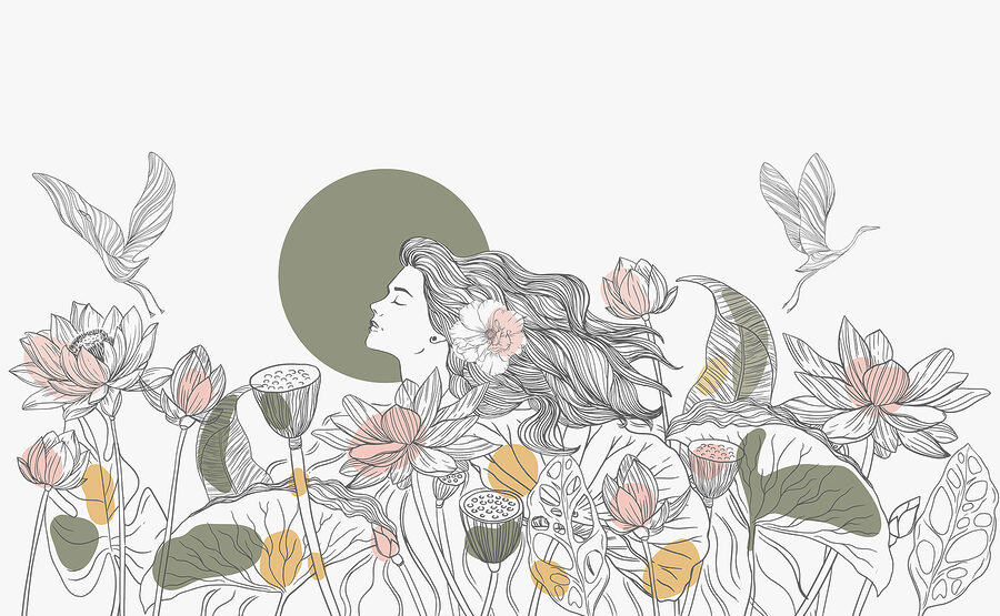 Mulher com cabelo comprido e flores
