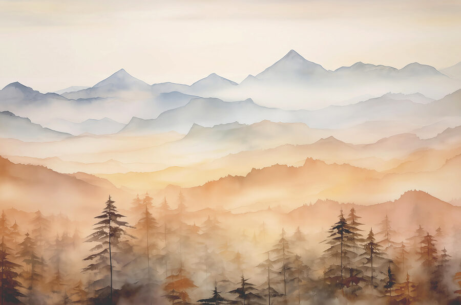 Paisagem de montanhas e árvores